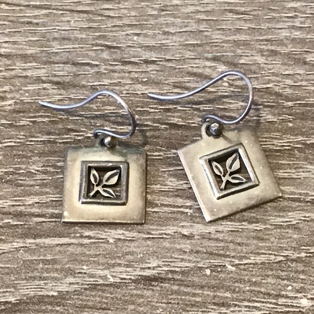 Signed AVI Sterling Silver Square Framed Leaf Hook Dangle Earrings 9/16" Long
